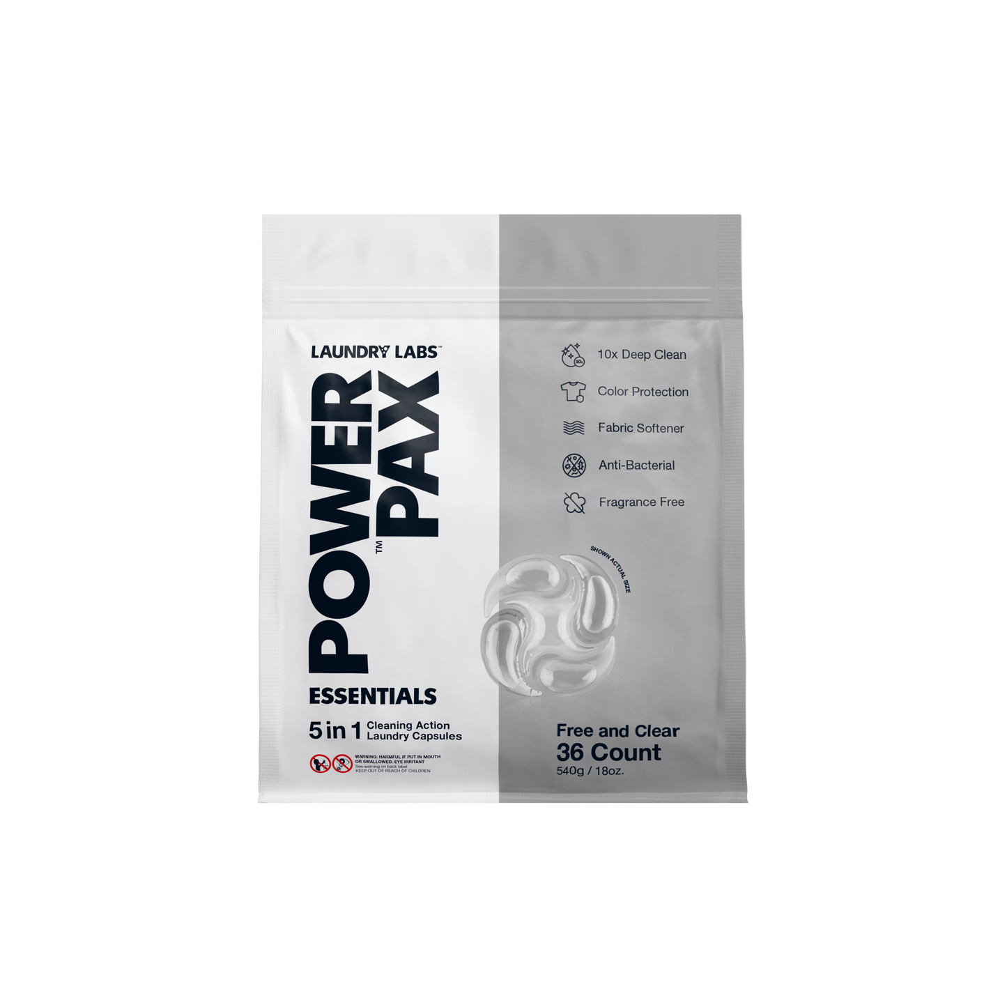 Power Pax 5-in-1 Free & Clear Laundry Pods | Case of 8 (36-Count Bags)