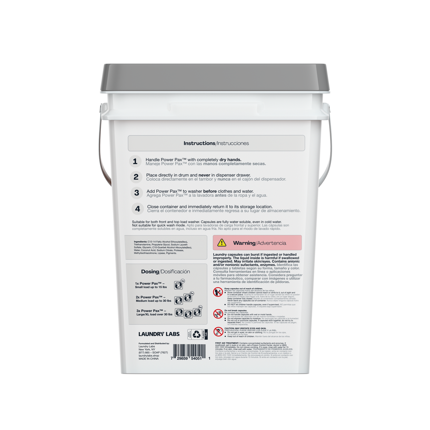 Back label of Free and Clear PowerPax bucket with instructions and dosage info.