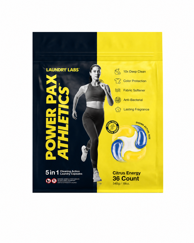 Laundry Pax Athletics packaging with a woman running on a yellow background