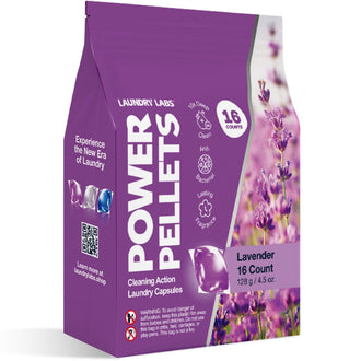 A purple bag of Laundry Labs Power Pellets in Lavender, 16 count, shown on a clean white background.