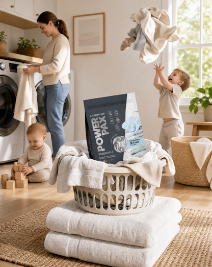 Woman and children in a laundry room with folded towels, Powerball products, and a washing machine.