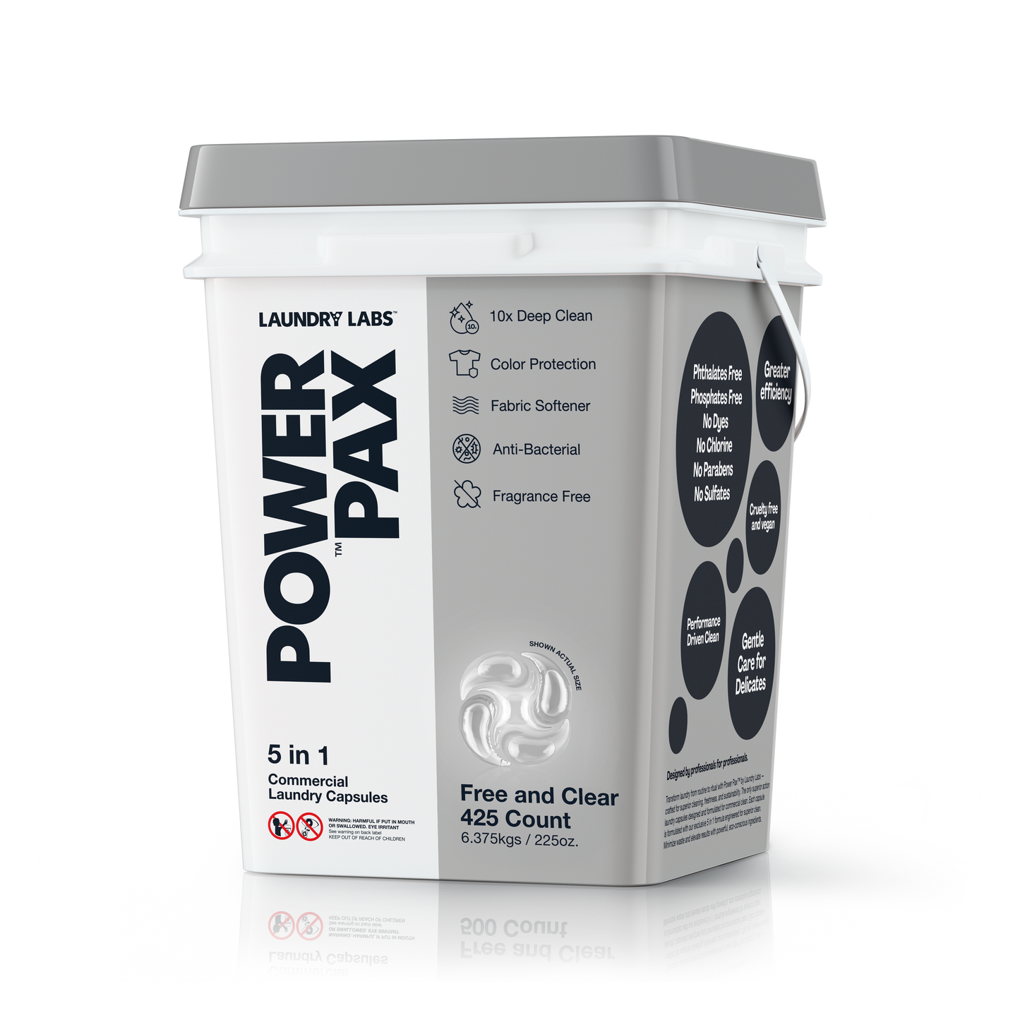 Front view of PowerPax Free and Clear laundry capsules bucket