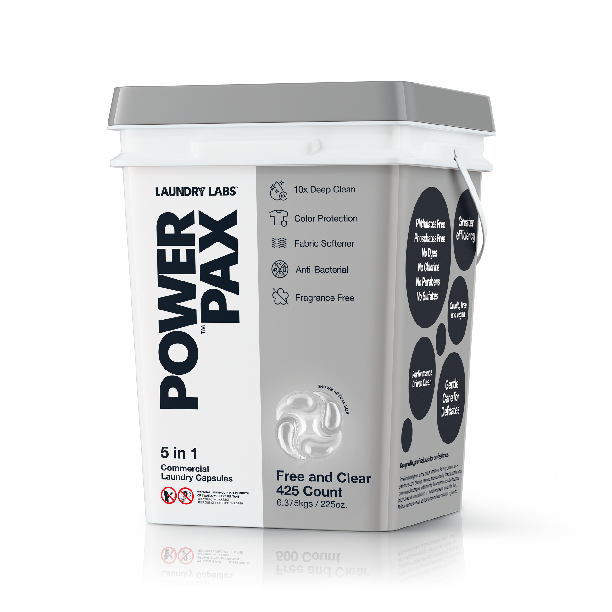 Front view of PowerPax Free and Clear laundry capsules bucket