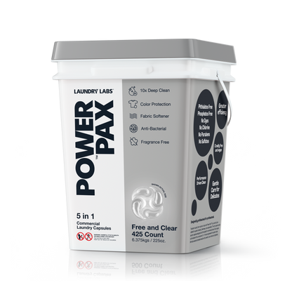 Front view of PowerPax Free and Clear laundry capsules bucket