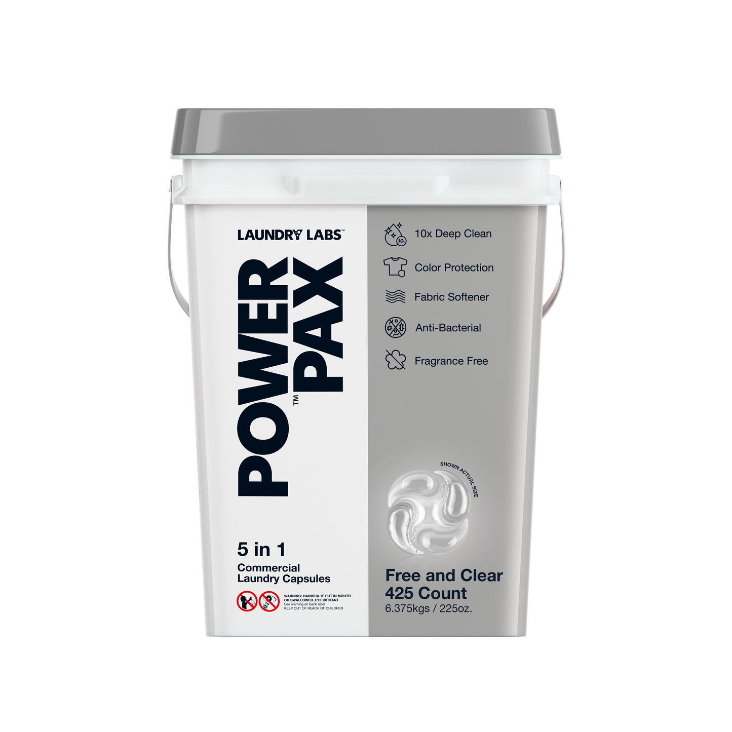 Front view of PowerPax Free and Clear laundry capsules bucket