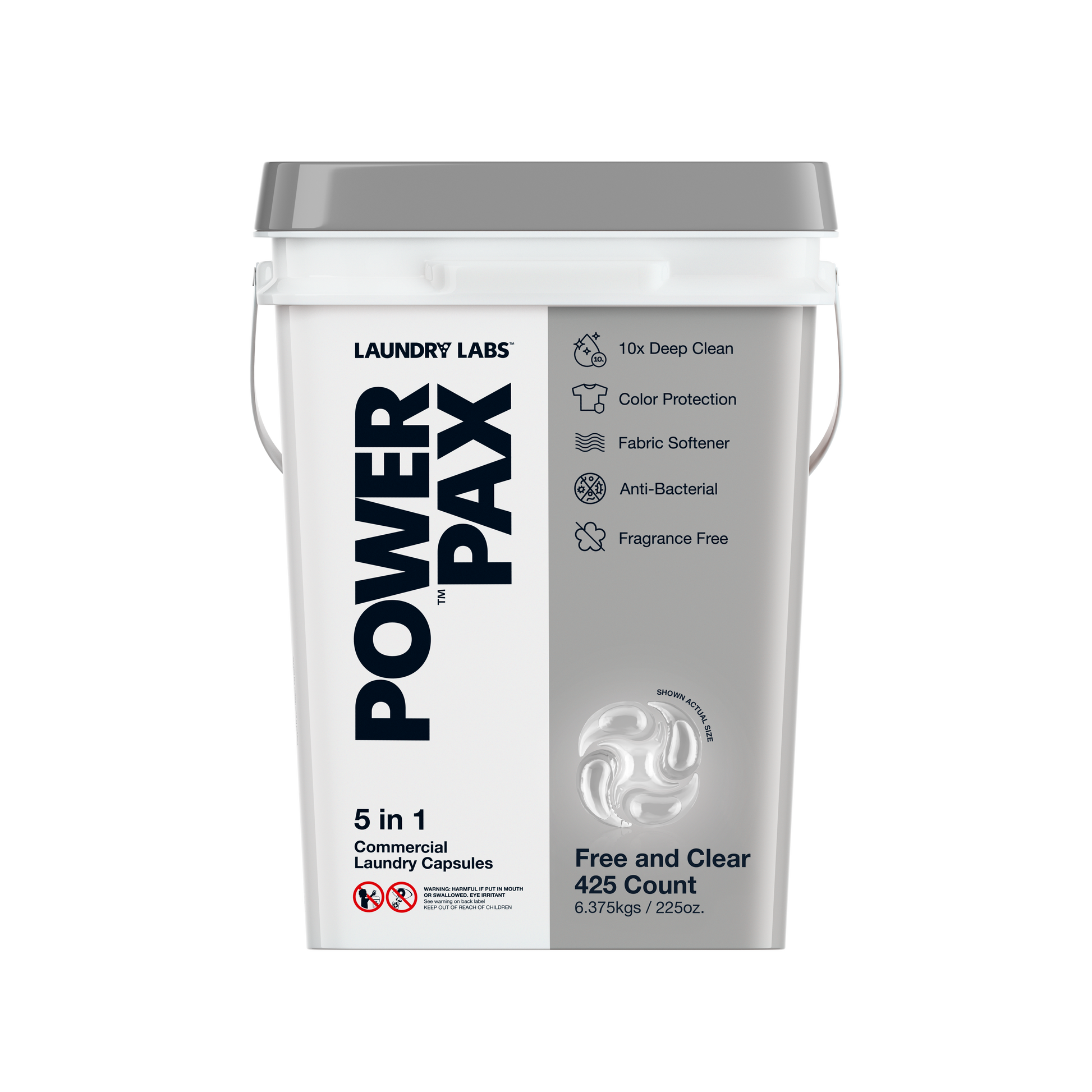 Front view of PowerPax Free and Clear laundry capsules bucket