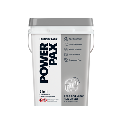 Front view of PowerPax Free and Clear laundry capsules bucket