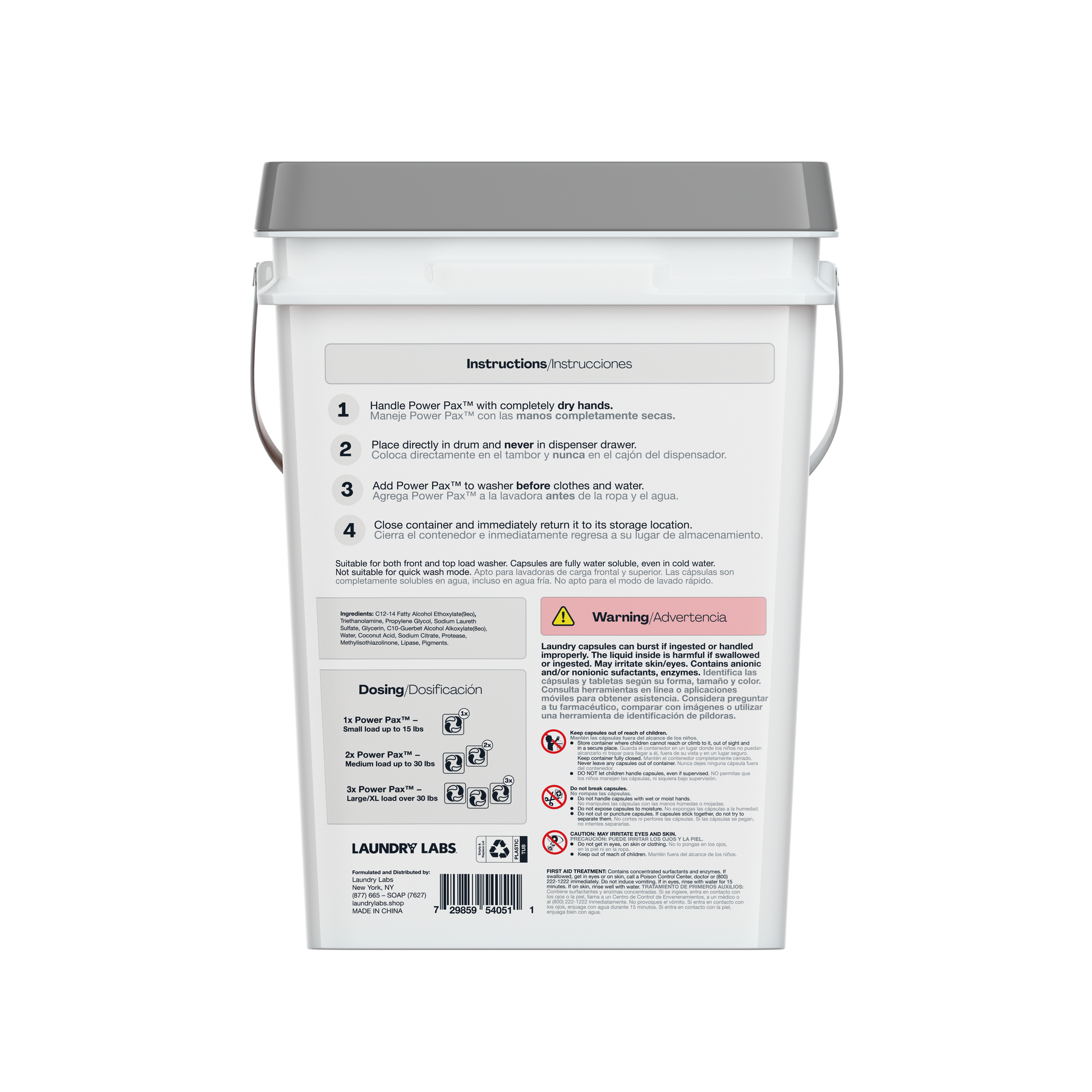 Back label of Free and Clear PowerPax bucket with instructions and dosage info.