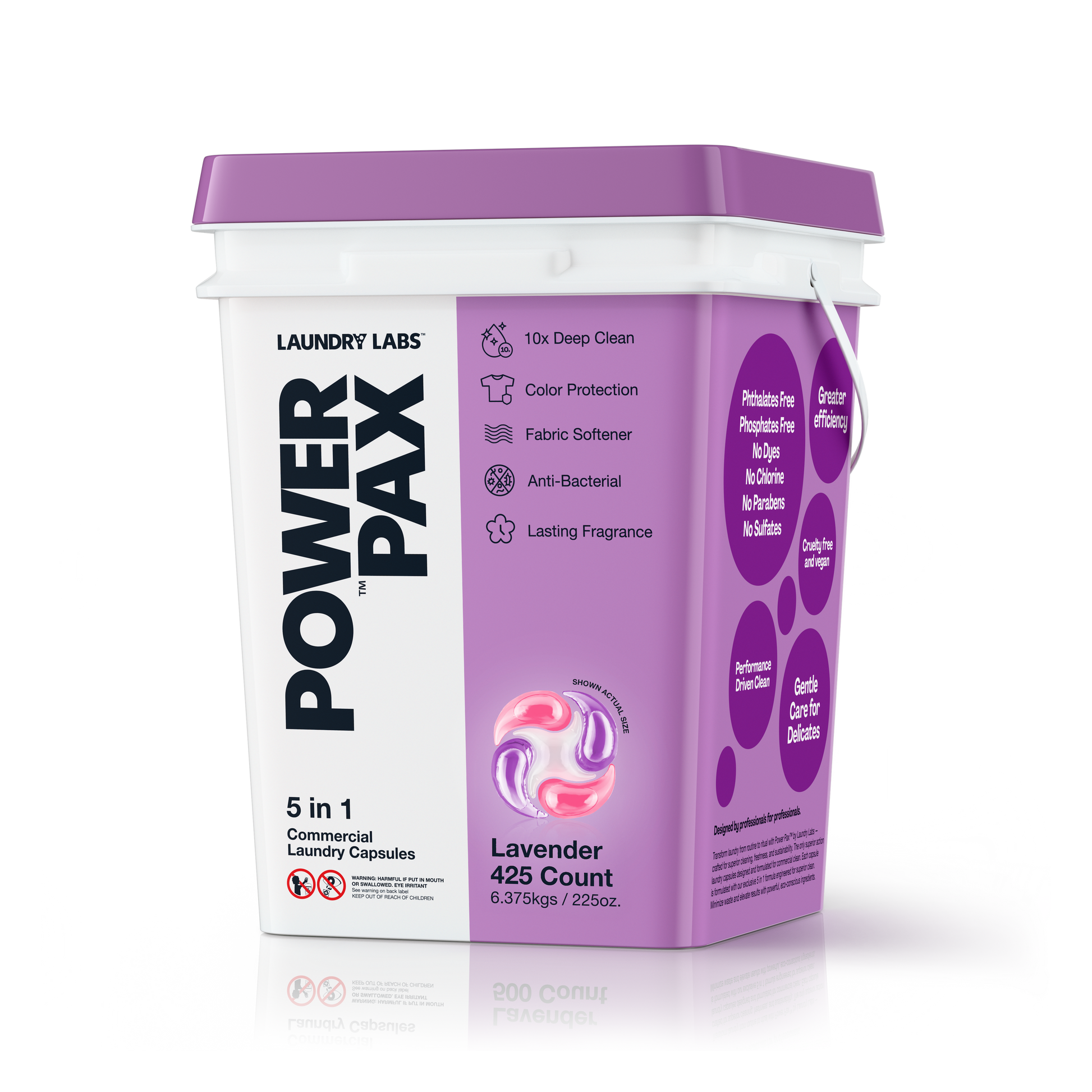 Angled view of Laundry Labs PowerPax lavender 5-in-1 laundry capsules bucket.
