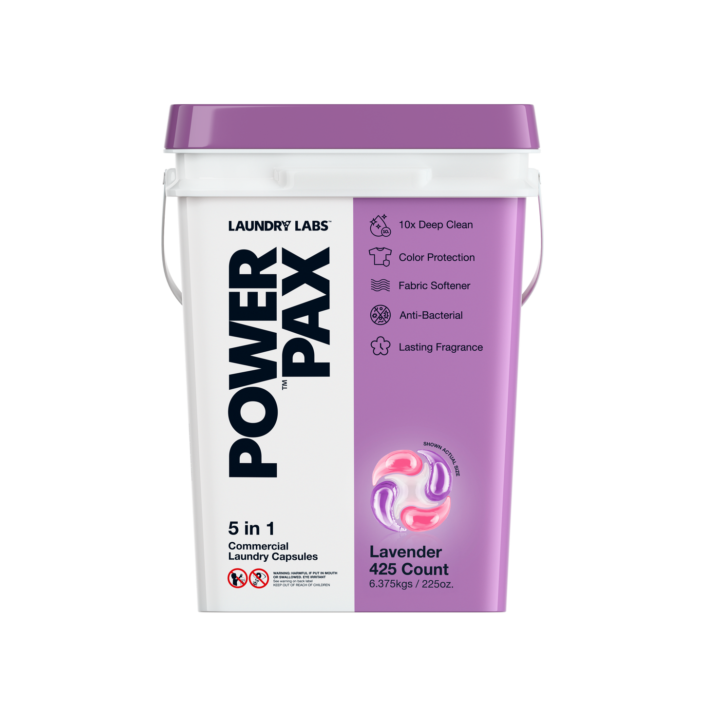 Front view of PowerPax Lavender laundry capsules bucket.