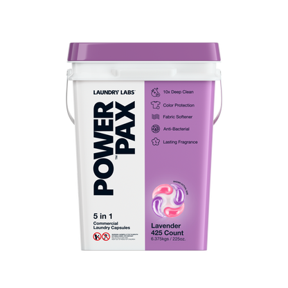Front view of PowerPax Lavender laundry capsules bucket.