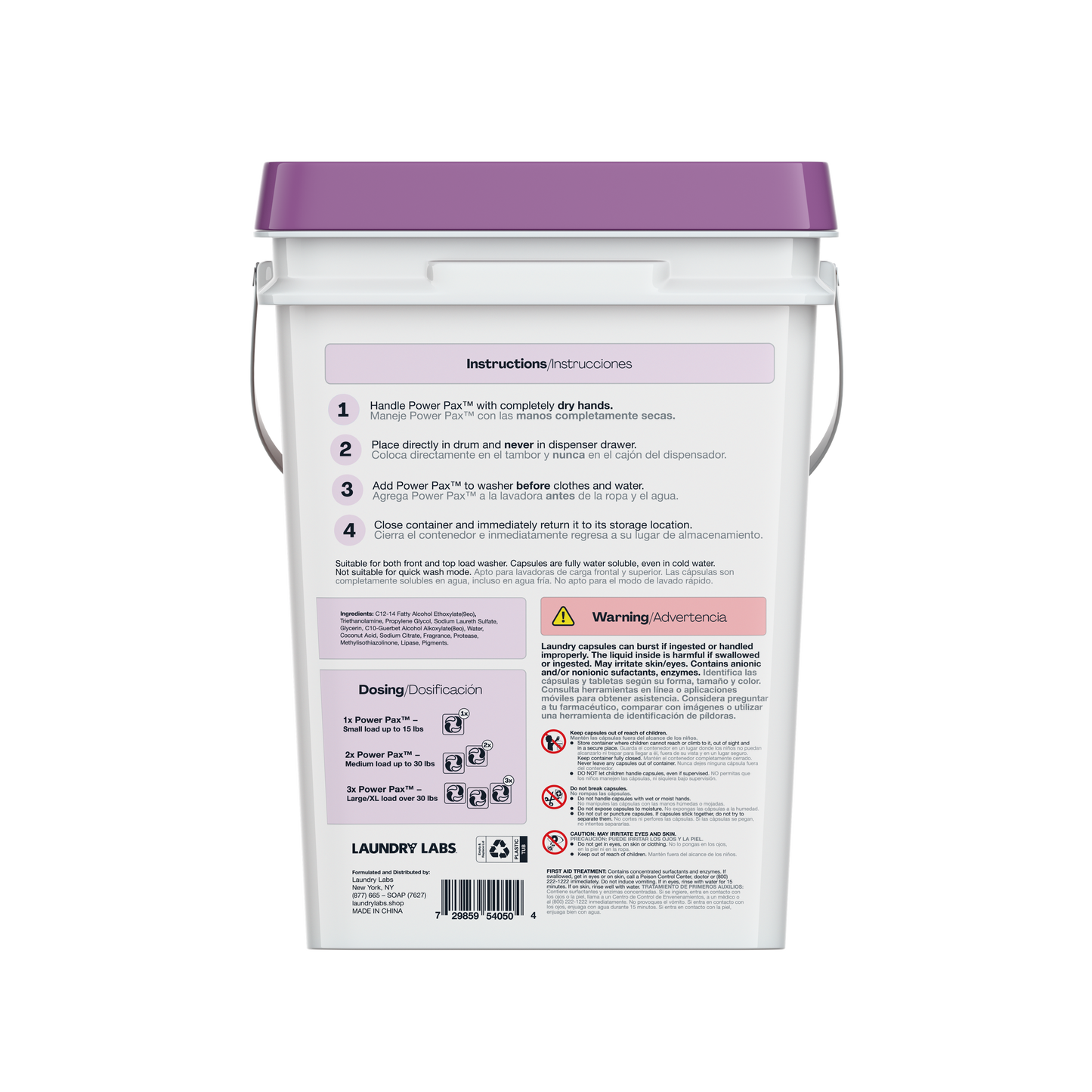 Back of PowerPax Lavender bucket with instructions, dosing info, and safety warnings.
