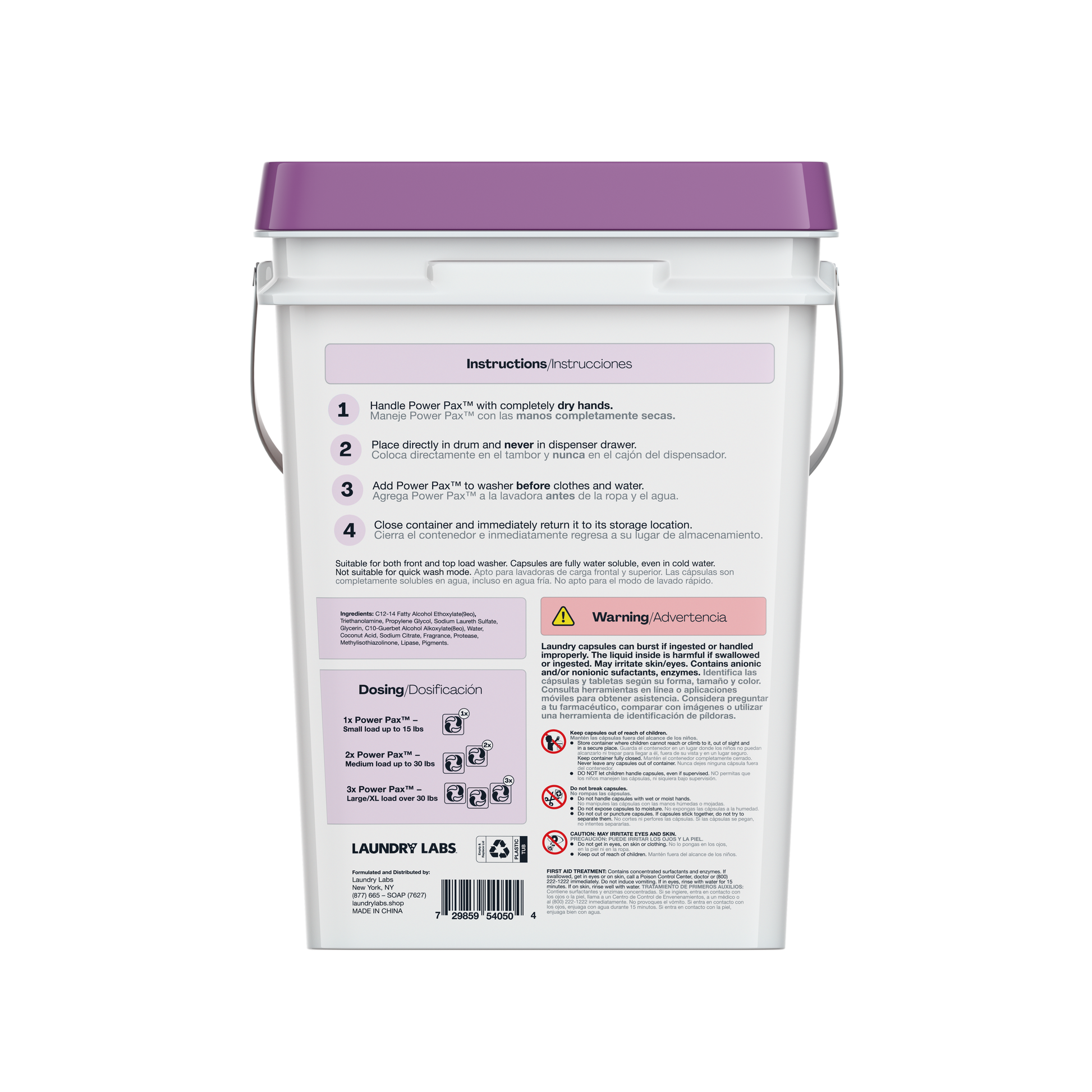 Back of PowerPax Lavender bucket with instructions, dosing info, and safety warnings.