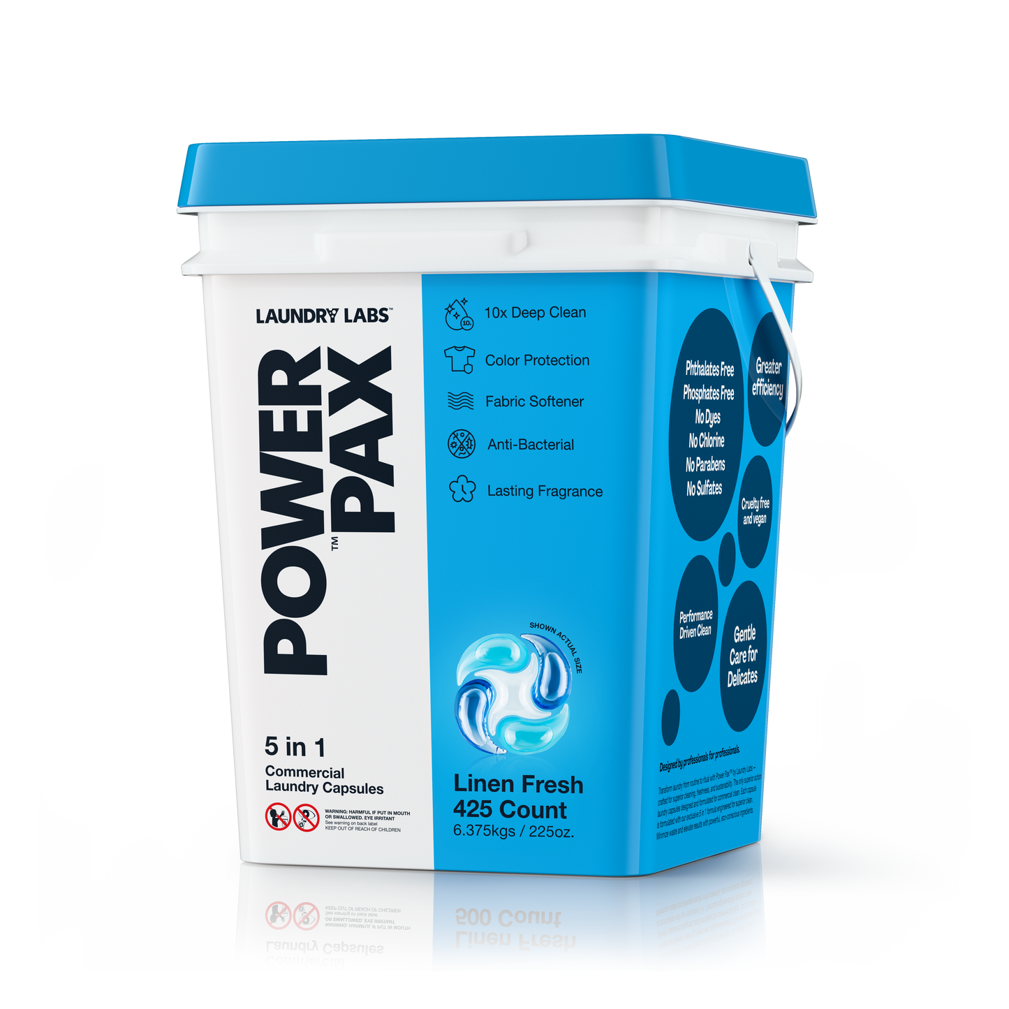 Angled view of Laundry Labs PowerPax Linen Fresh 5-in-1 capsules bucket.