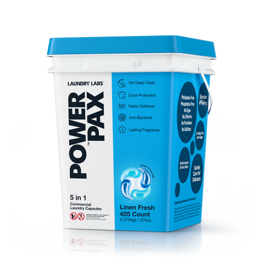 Angled view of Laundry Labs PowerPax Linen Fresh 5-in-1 capsules bucket.