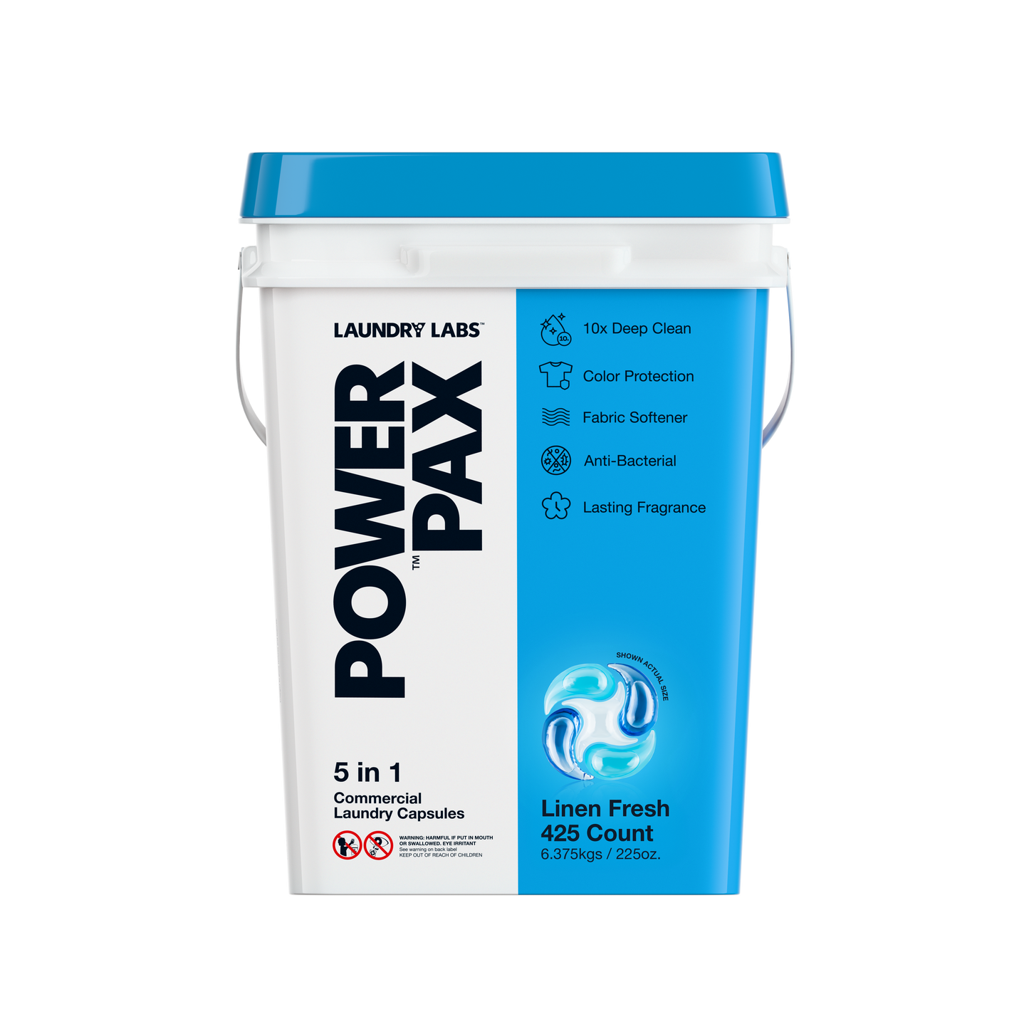 Front view of PowerPax Linen Fresh bucket with color protection and freshness.
