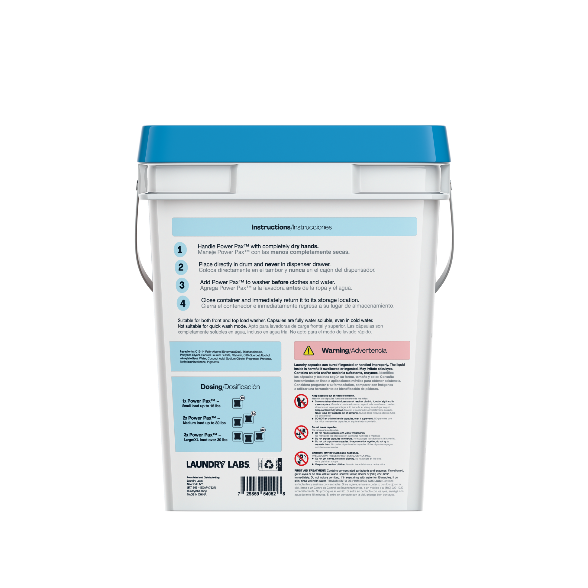 Back view of Linen Fresh PowerPax bucket with directions and safety info.