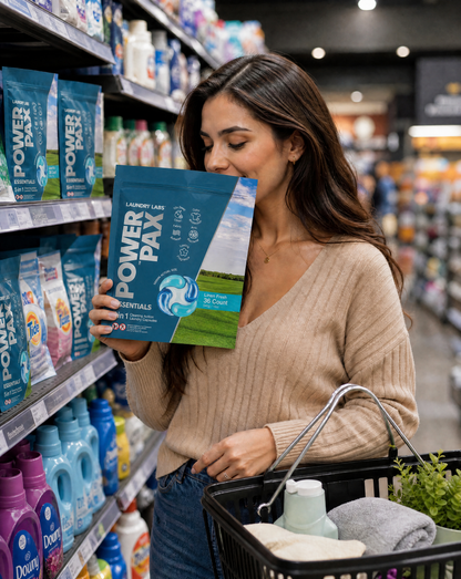 Woman holding a package of Power Pax laundry detergent in a grocery store aisle.