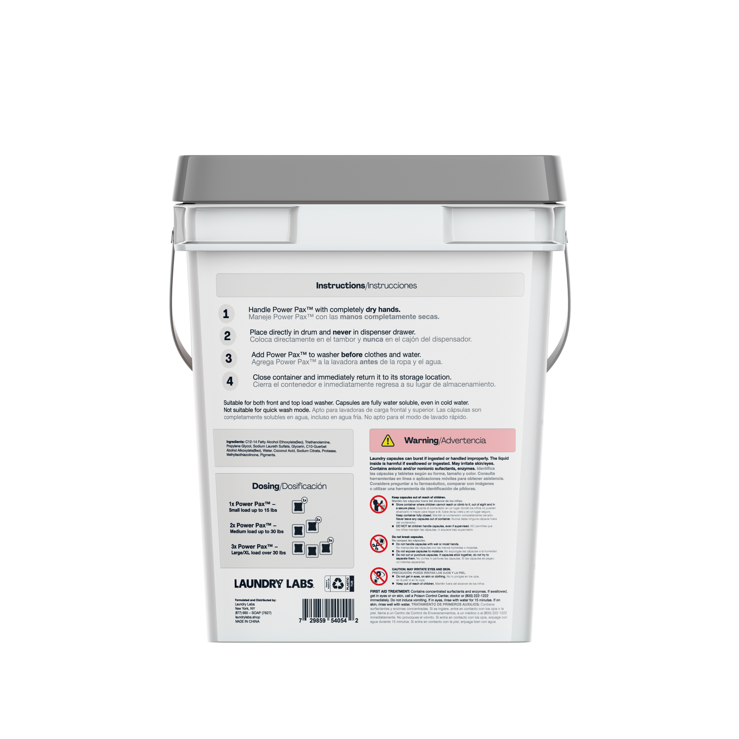 Back label of Free and Clear PowerPax container with instructions and safety info