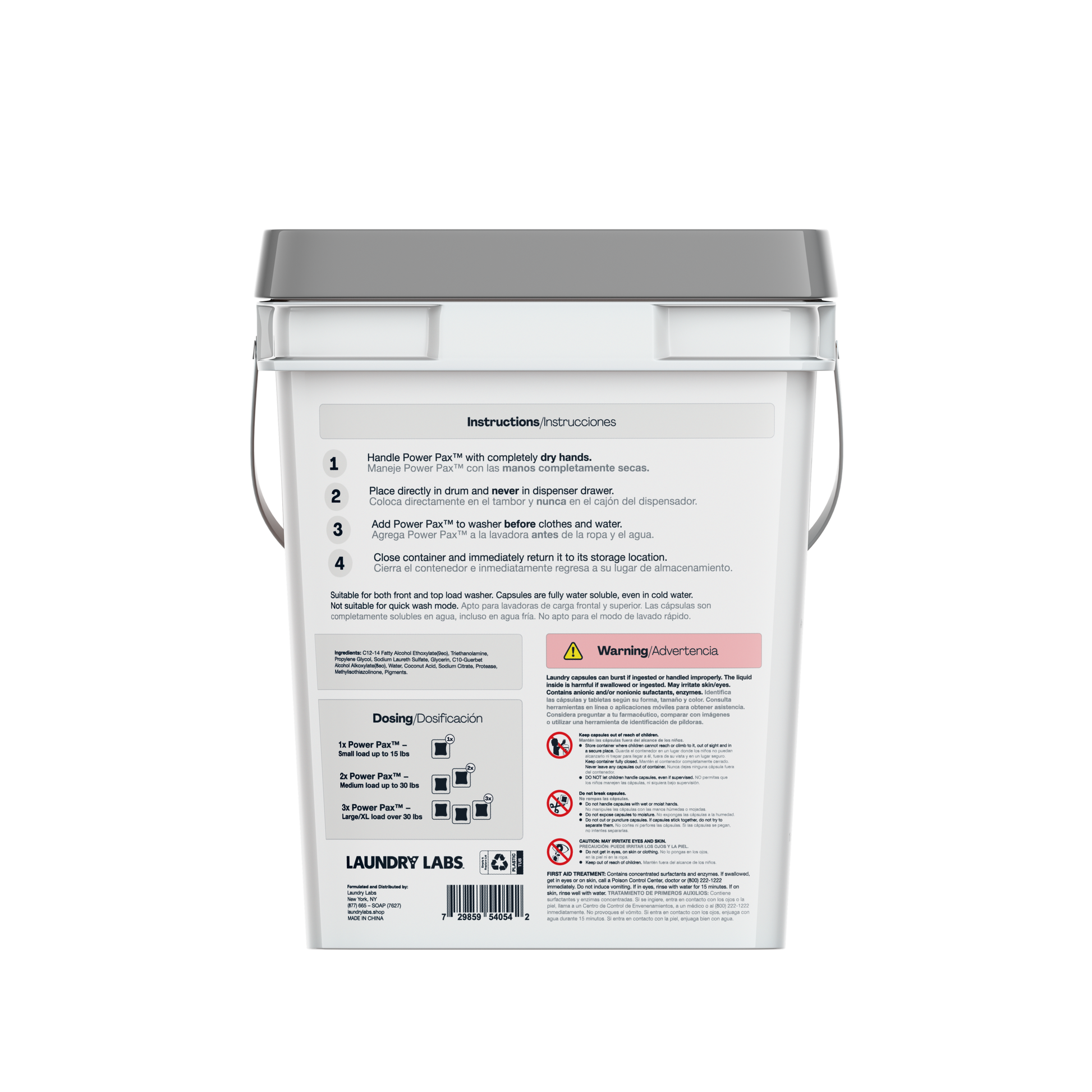 Back label of Free and Clear PowerPax container with instructions and safety info