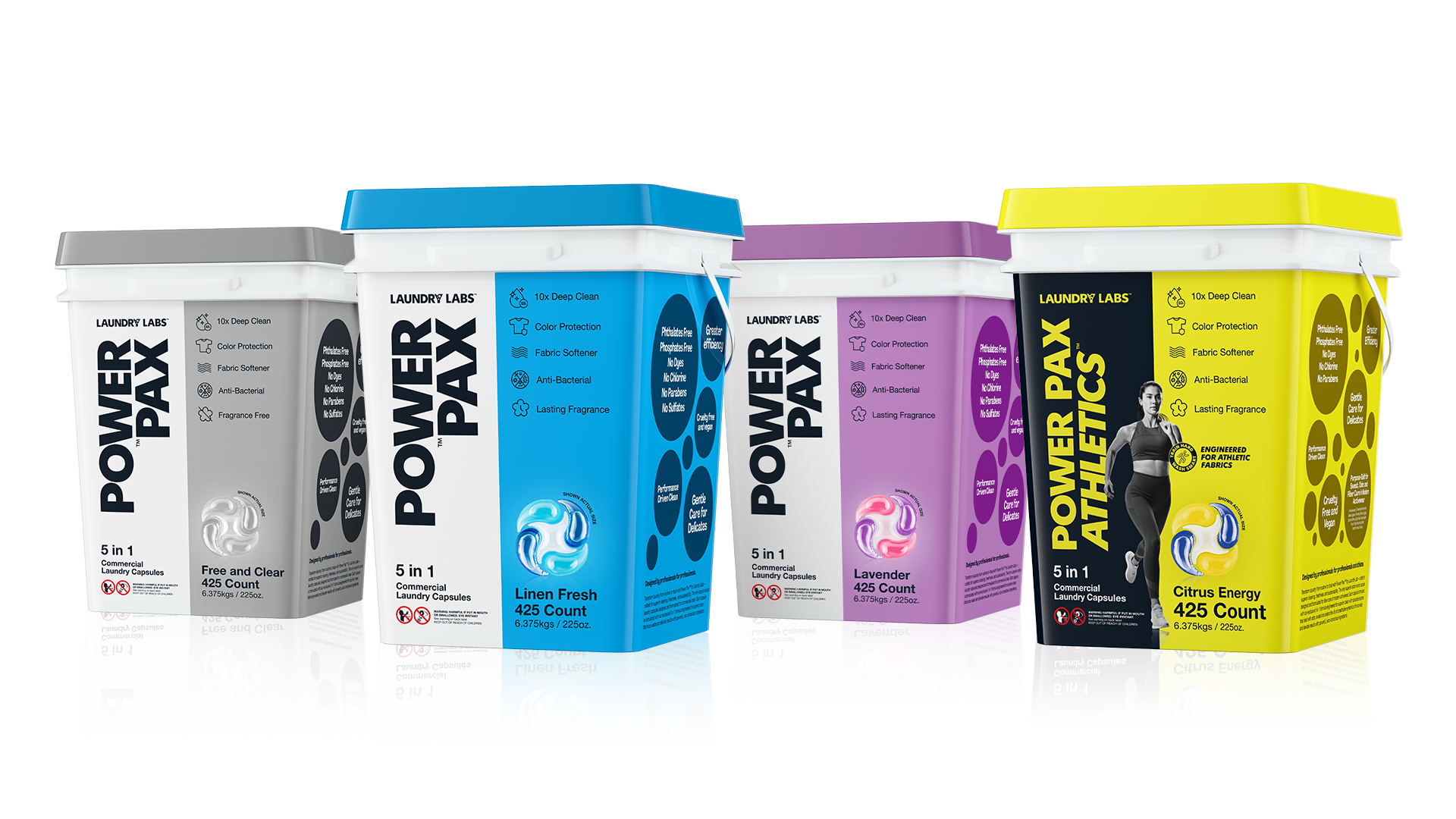 The PowerPax range: Free and Clear, Linen Fresh, Lavender and Athletics Citrus Energy 425-count buckets