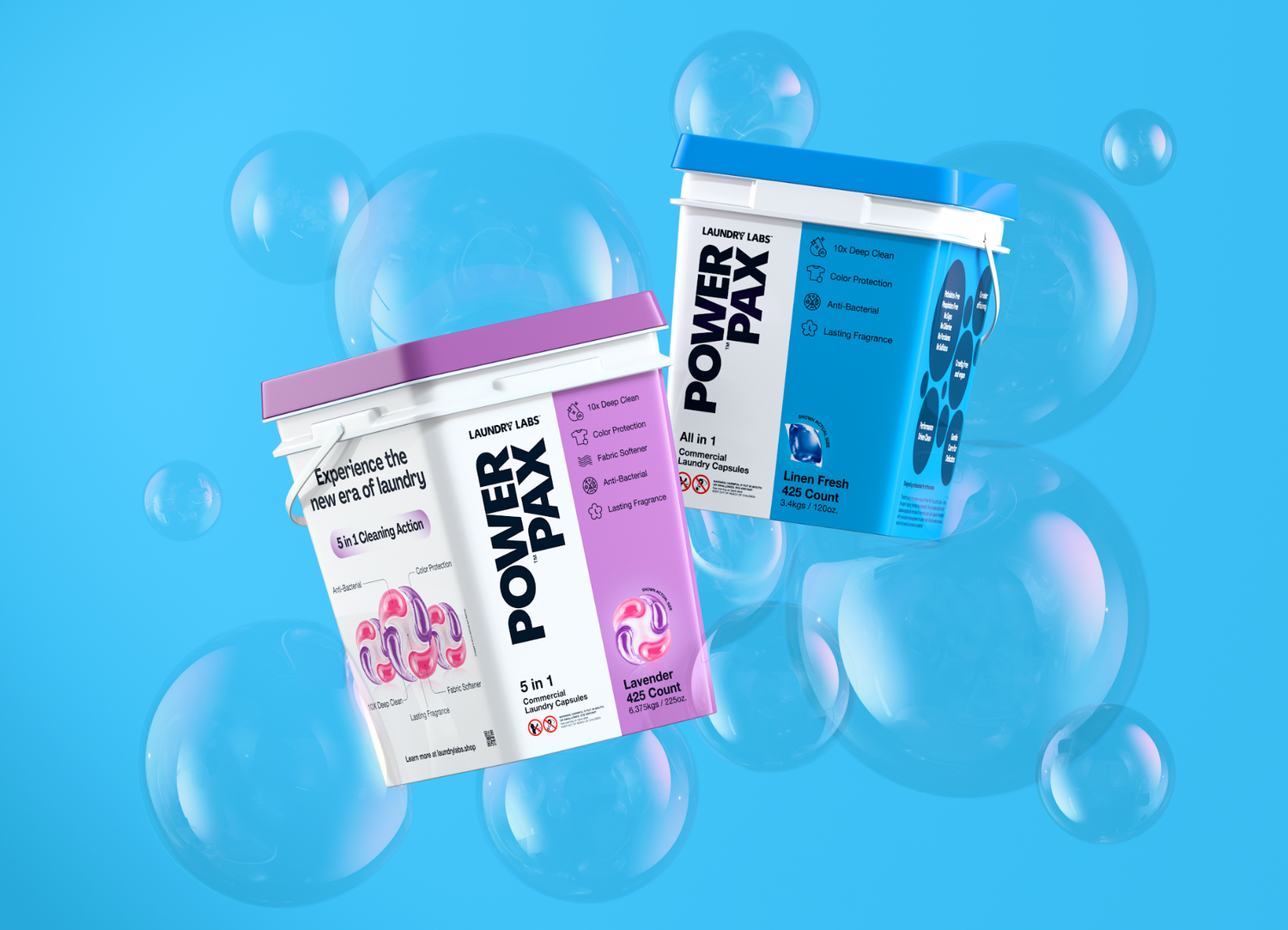 Two Power Pax laundry detergent paks on a blue background with bubbles