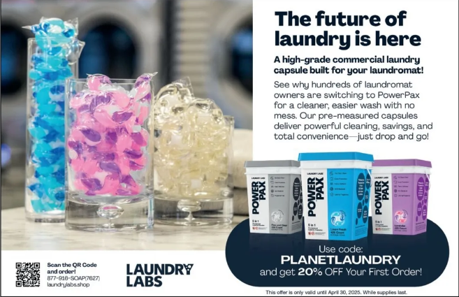 Advertisement for PowerPax laundry capsules with colorful capsules and a promotional offer from Laundry Labs.