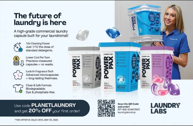 Advertisement for Power Pax laundry capsules with a woman holding them, featuring Laundry Labs branding.