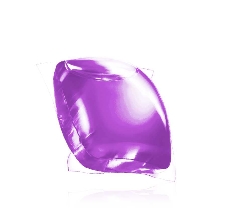 A single translucent purple gelatin laundry or bath sponge capsule on a clean white background with a faint reflection below.