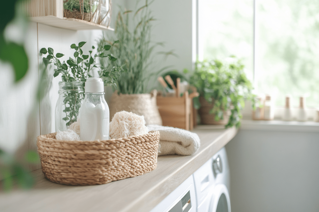 Home interior with a woven basket on a shelf, featuring plants and cleaning supplies.
