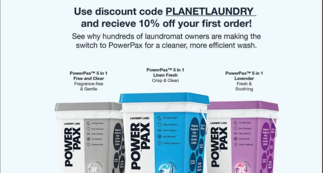 Advertisement for PowerPax laundry detergent with product packaging and promotional text.