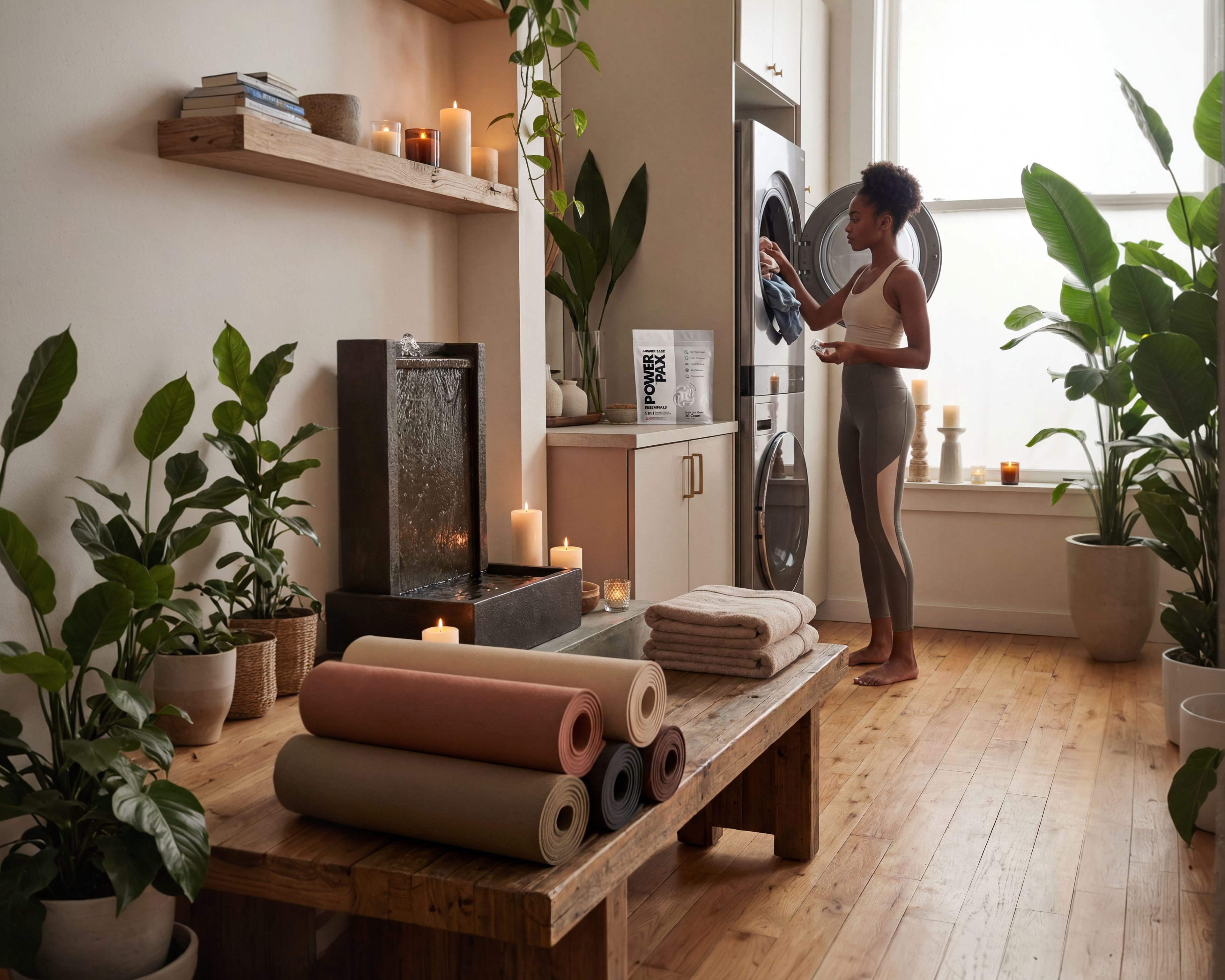 Person exercising in a home gym with yoga mats and plants