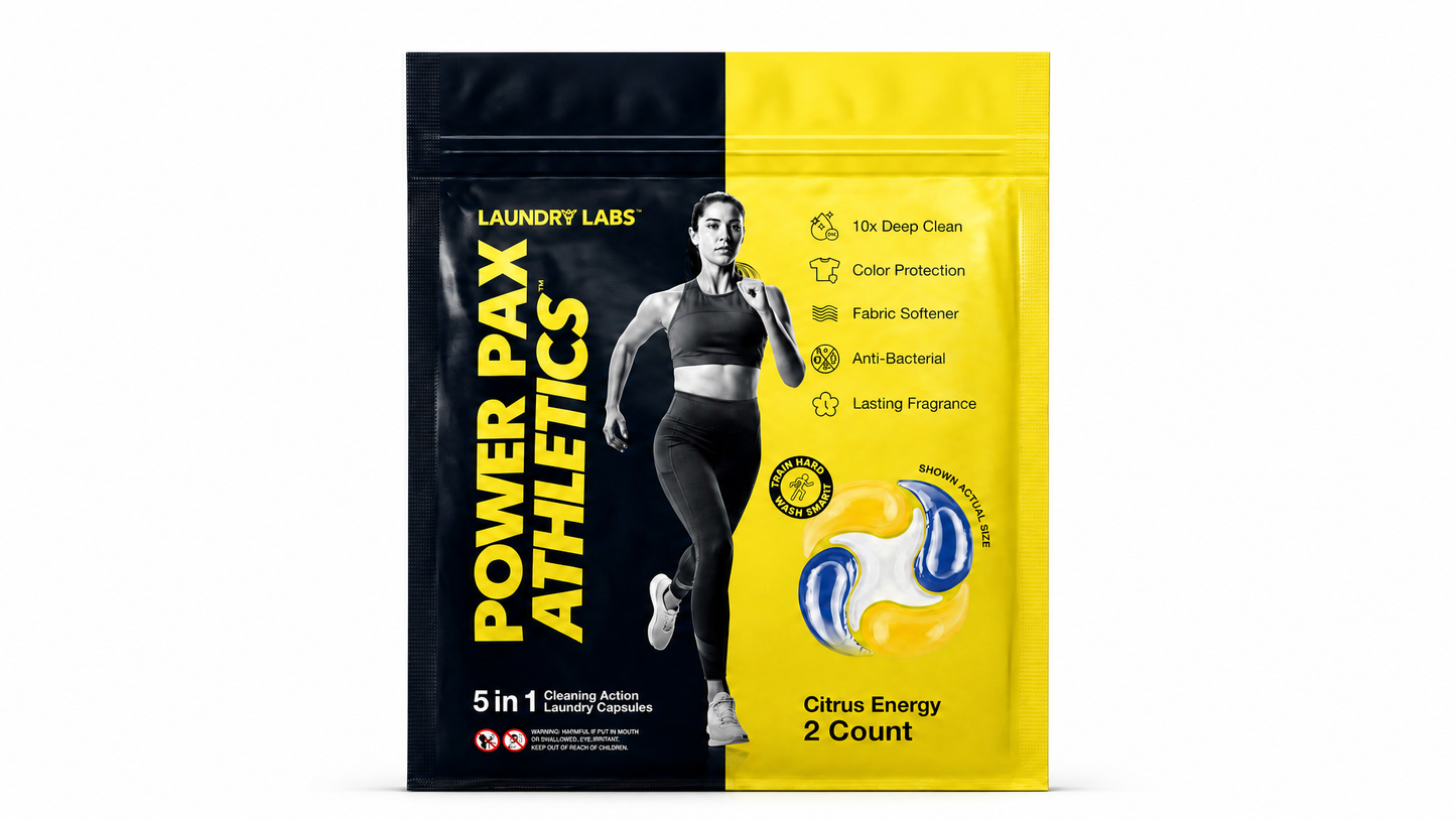 A stand-up pouch of Laundry Labs Power Pax Athletics Citrus Energy 2 Count cleaning active laundry capsules, featuring a black and yellow design with a running woman graphic.