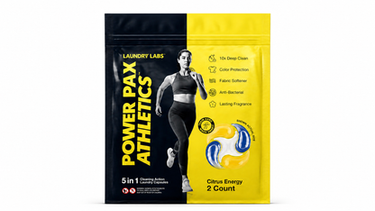 A stand-up pouch of Laundry Labs Power Pax Athletics Citrus Energy 2 Count cleaning active laundry capsules, featuring a black and yellow design with a running woman graphic.